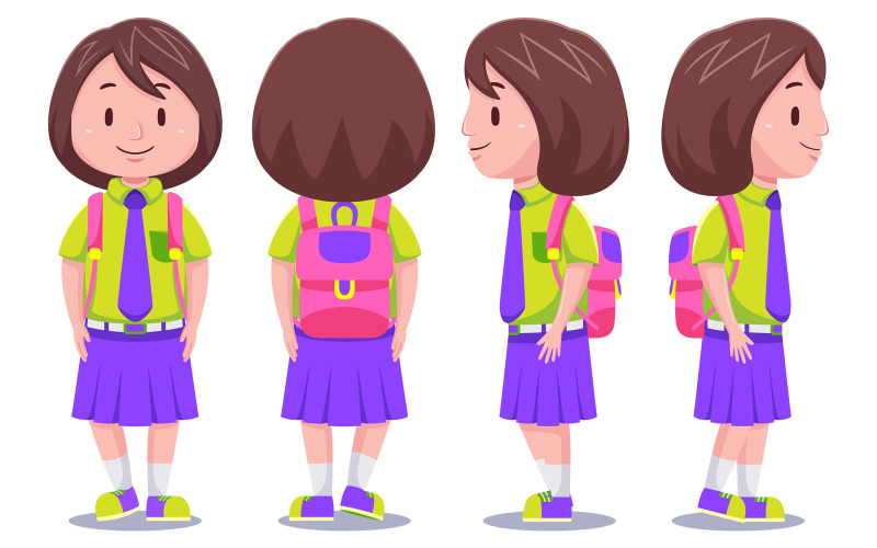 Cute Kids Girl Student carrying Backpack #01 Vector Graphic
