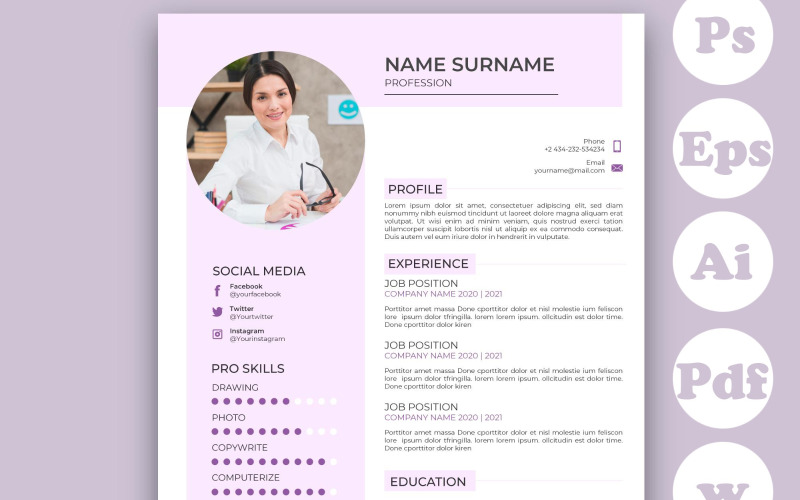 Minimalist Pink CV Template For Resume Template