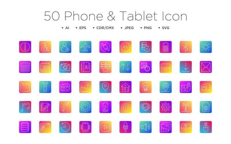 50 Phone Tablet Detailed Outline Icons Set RC BG Icon Set