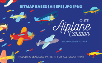 Cute 15 Airplanes Clipart Set Plus Seamless Pattern Illustration