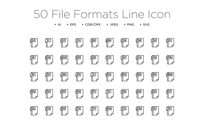 50 File Formats Line Icon Set