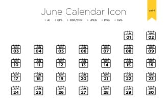 June Calendar Line Icon Set