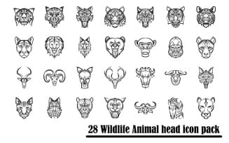 Line Art Icon Set Of Wildlife Animal Front View Head