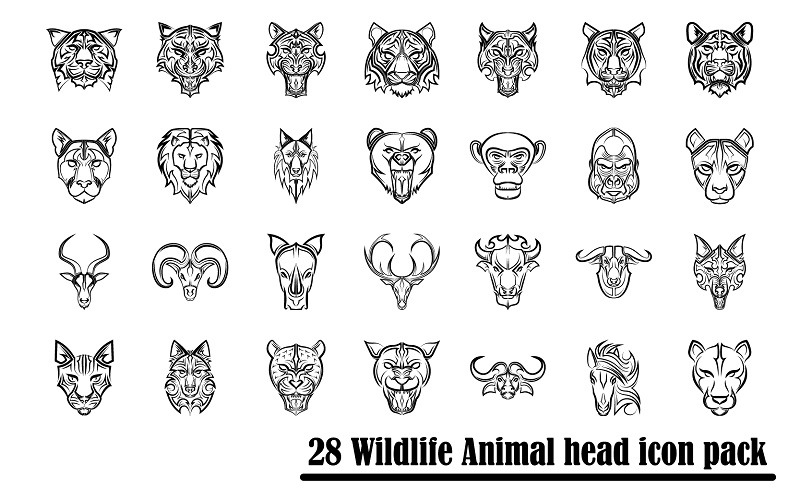Line Art Icon Set Of Wildlife Animal Front View Head