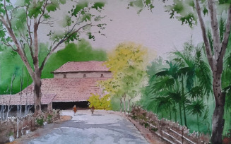 Watercolor Beautiful Village Road Walking Mans Moment Hand Drawn Vector Illustration