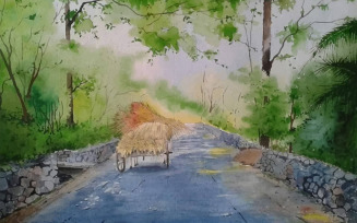Watercolor Cow Car On The Village Road With Beautiful Scenery Hand Drawn Illustration