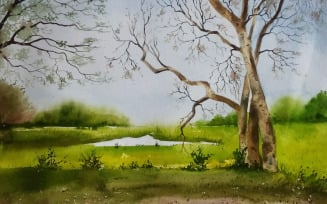 Watercolor Field On The Pond Side With Beautiful Scenery Hand Drawn Illustration