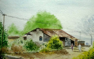 Watercolor In Village Beautiful House Winter Morning Hand Drawn Illustration Art