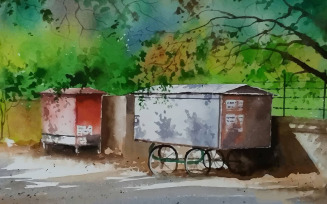 Watercolor Stop Car Park On The Village Road With Beautiful Scenery Hand Drawn Illustration