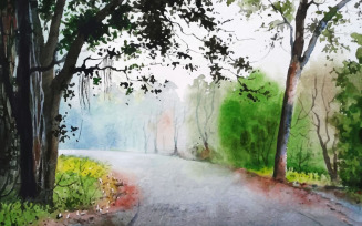 Watercolor Village Road On The Winter With Beautiful Moment Illustration