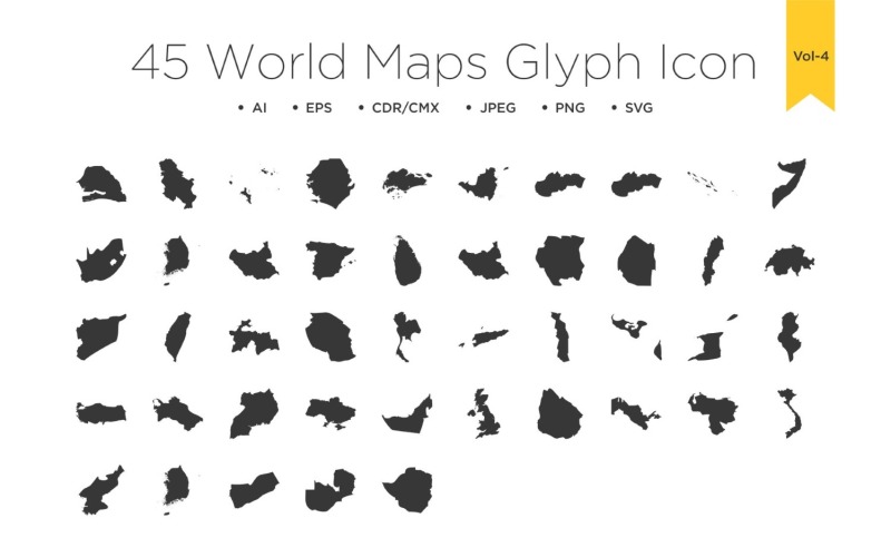 45 World maps Glyph Icons Vol 4 Icon Set