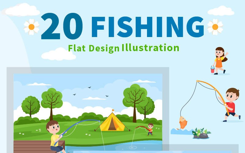 20 Children Fishing Fish Vector Illustration