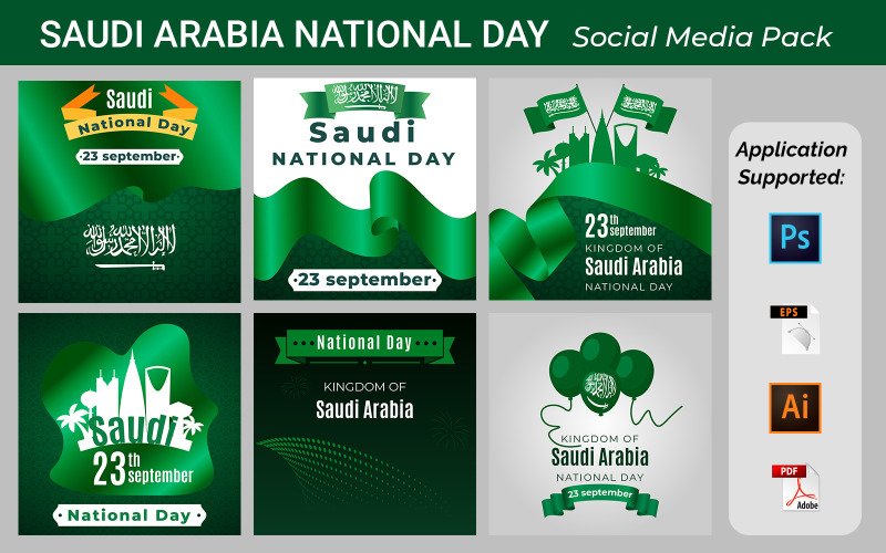 Saudi Arabia National Day Greeting Illustration Set. Arabic Our National Day Social Banner Social Media