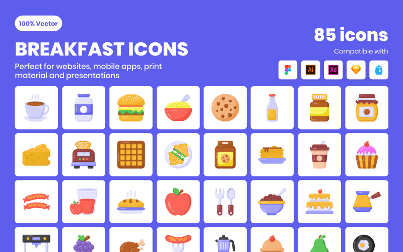 85 Flat Detailed Breakfast Iconset template Icon Set
