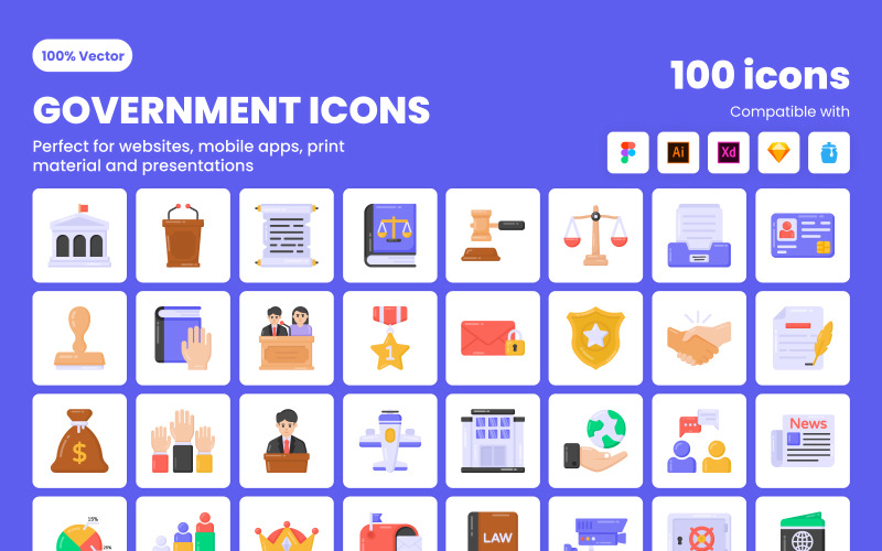 100 Flat Government Iconset template Icon Set