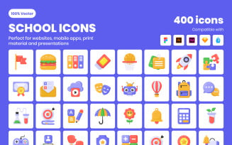 400 Flat School Icons Sets Template