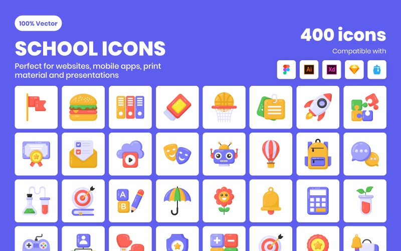 400 Flat School Icons Sets Template Icon Set