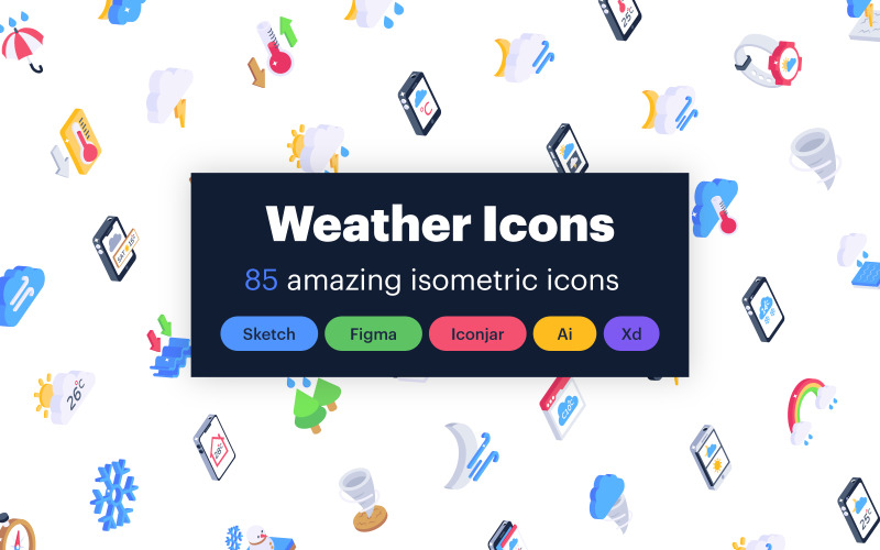 85 Isometric Weather Iconset template Icon Set