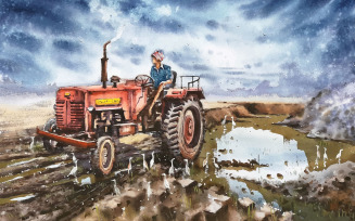 Watercolor Work Station In The Field Hand Drawn Art Illustration