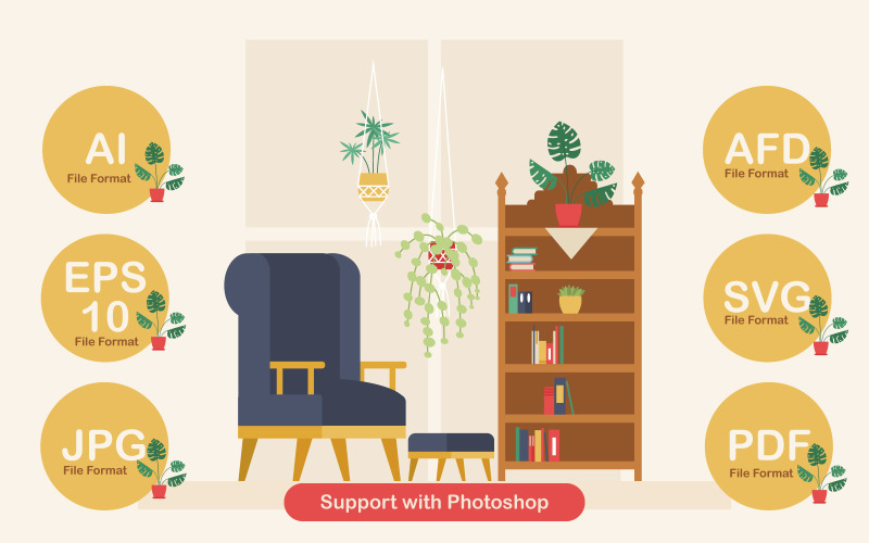Minimal Retro Living Room Design in Flat Style Illustration