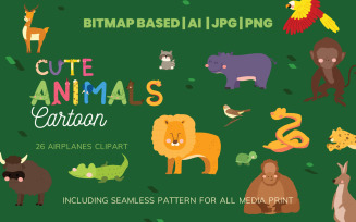 Cute 26 Animals Clipart Set Illustration Plus Seamless Pattern