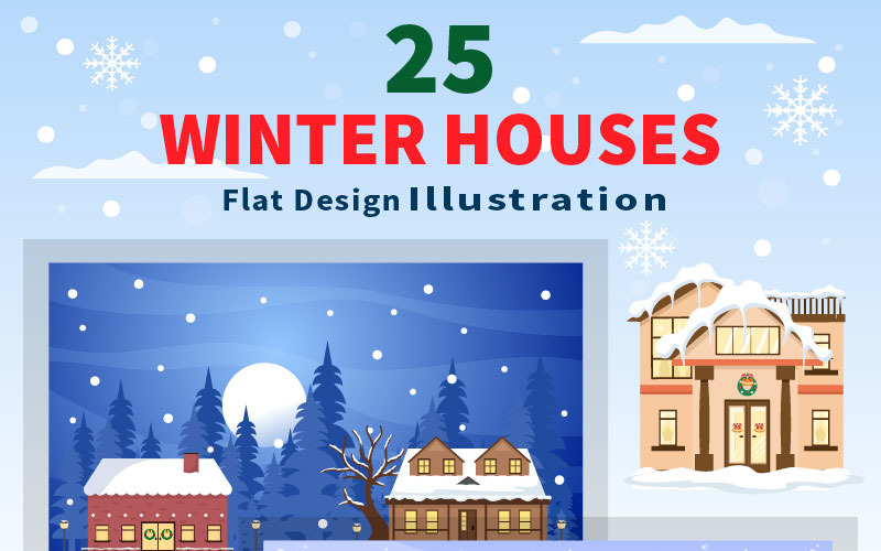 25 Christmas Winter Houses Background Vector Illustration