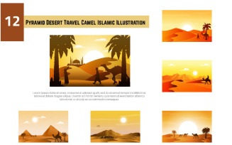 12 Pyramid Desert Travel Camel Islamic Illustration