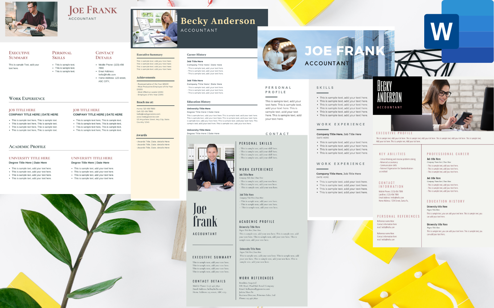 Pack of 5 Professional Accountant Resume Templates for MS word.