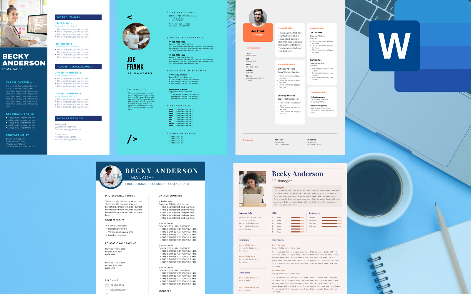 Pack of 5 IT Software Project Manager Resume Templates for MS Word