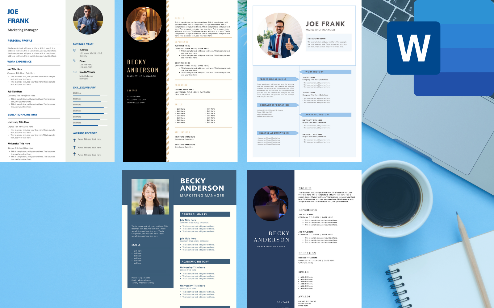 Pack of 5 Resume Templates for Marketing Manager - Microsoft word CV RESUME Format.