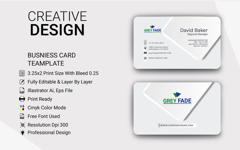 Gray Fade Creative Clean & Clear Business Card Template Corporate Identity