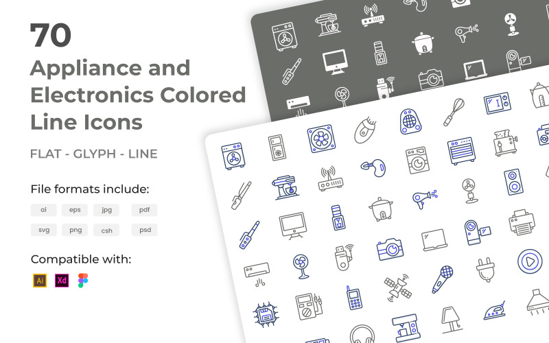 70 Appliance and Electronics Colored Line Icons Icon Set
