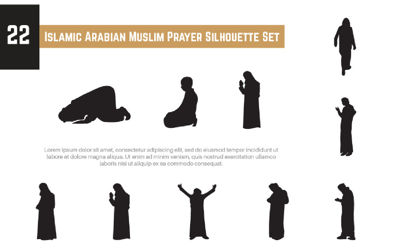 22 Islamic Arabian Muslim Prayer Silhouette Set Illustration