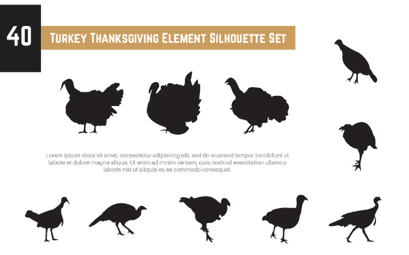 40 Turkey Thanksgiving Element Silhouette Set Illustration