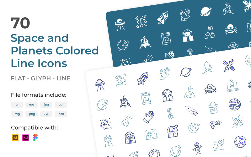 70 Space Colored Line Icons Pack Icon Set