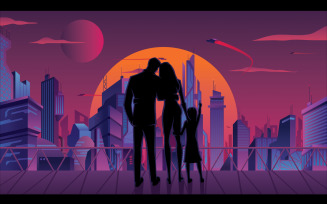 Family in Futuristic City Vector Illustration