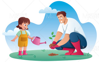 Father and Daughter Planting Tree Vector Illustration