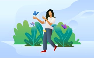 Girl Playing With Butterfly Free Illustration Concept