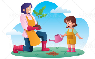 Mother and Daughter Planting Tree Vector Illustration