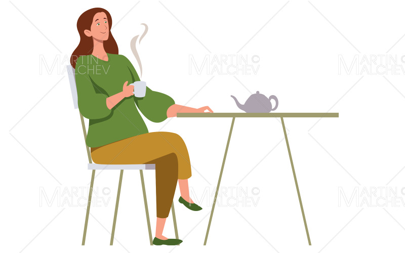 Woman Drinking Tea Vector Illustration