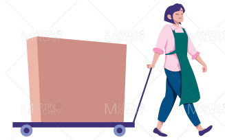 Woman Pulling Cart with Box Vector Illustration