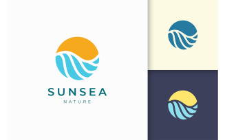 Ocean with sun or surfing logo template
