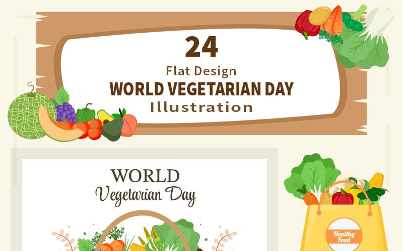 24 World Vegetarian Day and Vegetables or Fruits Vector Illustration