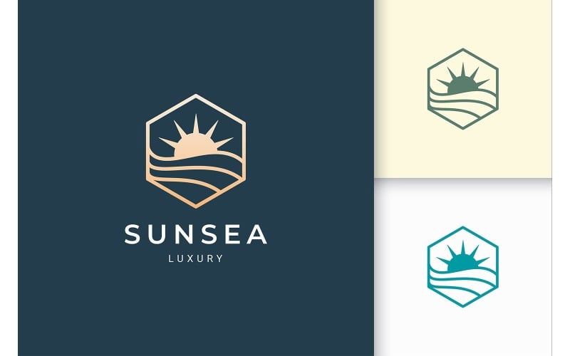 Pool Logo with Ocean and Sun Logo Template