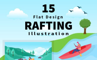 15 Rafting, Canoeing, Kayaking in the River Vector Illustration