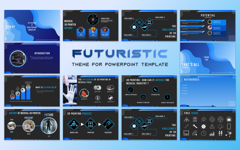 Futuristic Powerpoint Template | 3D Printing in Healthcare Industry PowerPoint Template