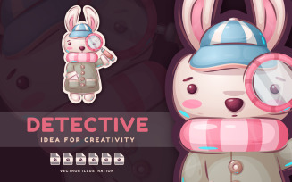 Rabbit Detective Looking For Clues - Cute Sticker, Graphics Illustration