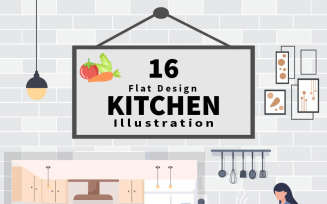 16 Kitchen Room with Furniture Background Vector Illustration