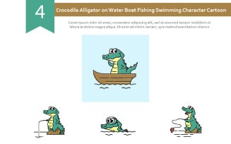 4 Crocodile Alligator on Water Boat Fishing Swimming Character Cartoon Illustration