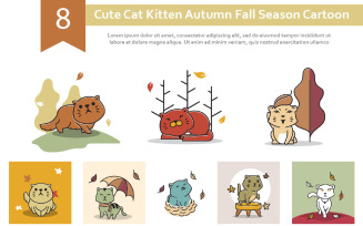 8 Cute Cat Kitten Autumn Fall Season Cartoon Illustration